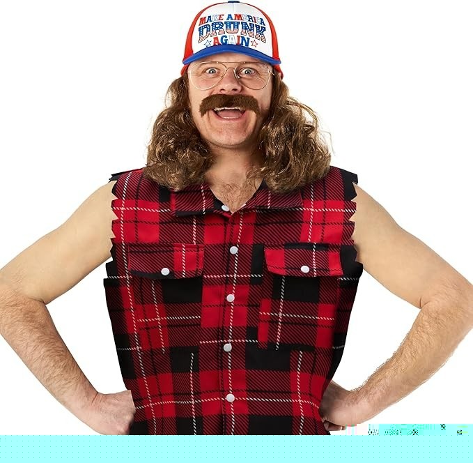 Men`s Trucker Hat + Hair Adult Redneck Hillbilly Costume Accessory + Mullet Wig
