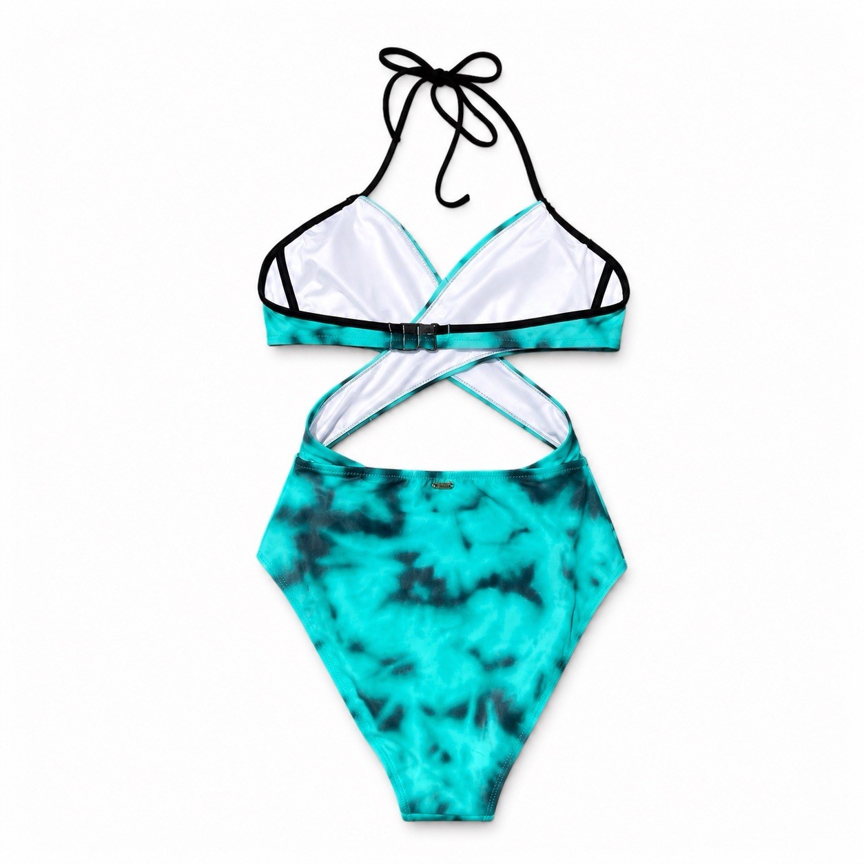 PINK Women’s M One-Piece Swimsuit Halter Tie Dye Turquoise Black White B Cup