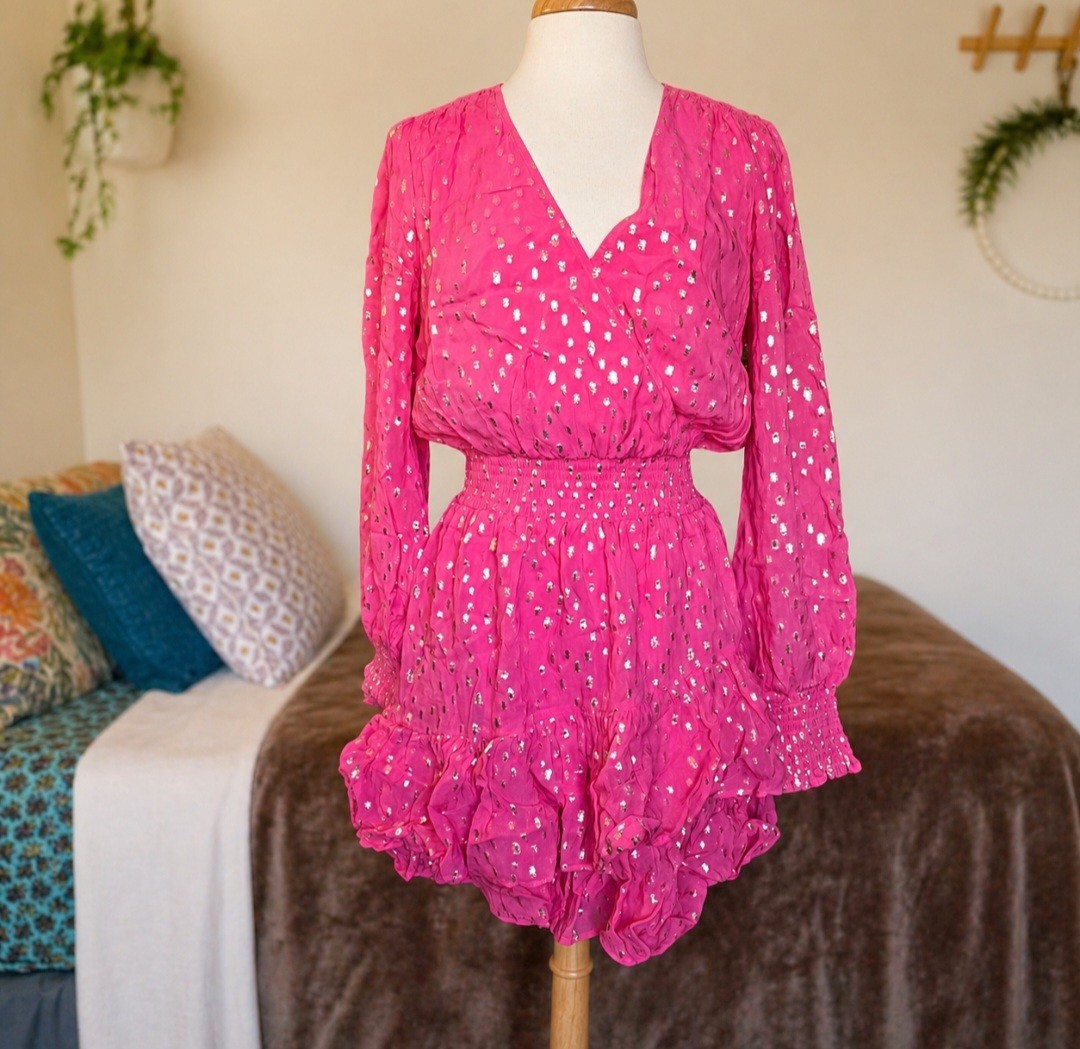 Lilly Pulitzer Cristiana Dress 12 Aura Pink Metallic Clip Dot Ruffle Smocked NWT