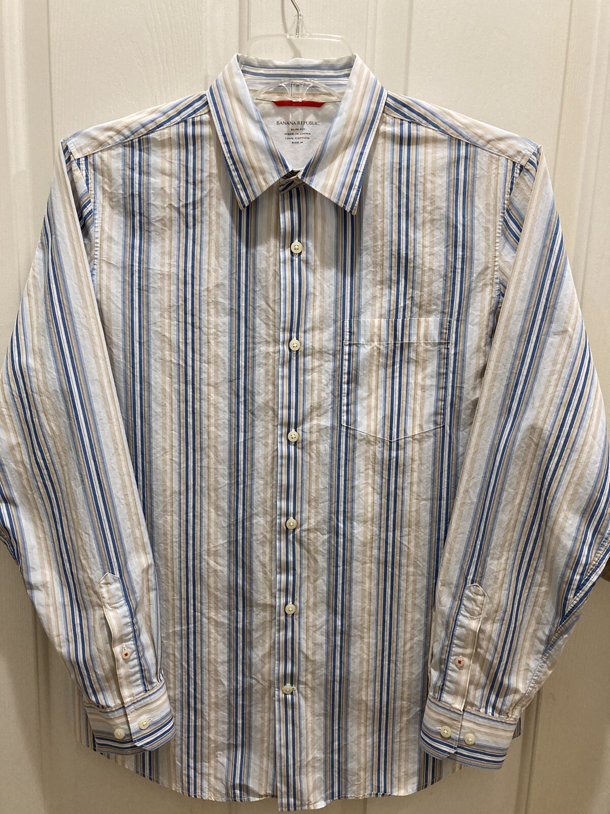 BANANA REPUBLIC MENS SLIM FIT DRESS SHIRT BLUE YELLOW WHITE SRIPES SIZE M