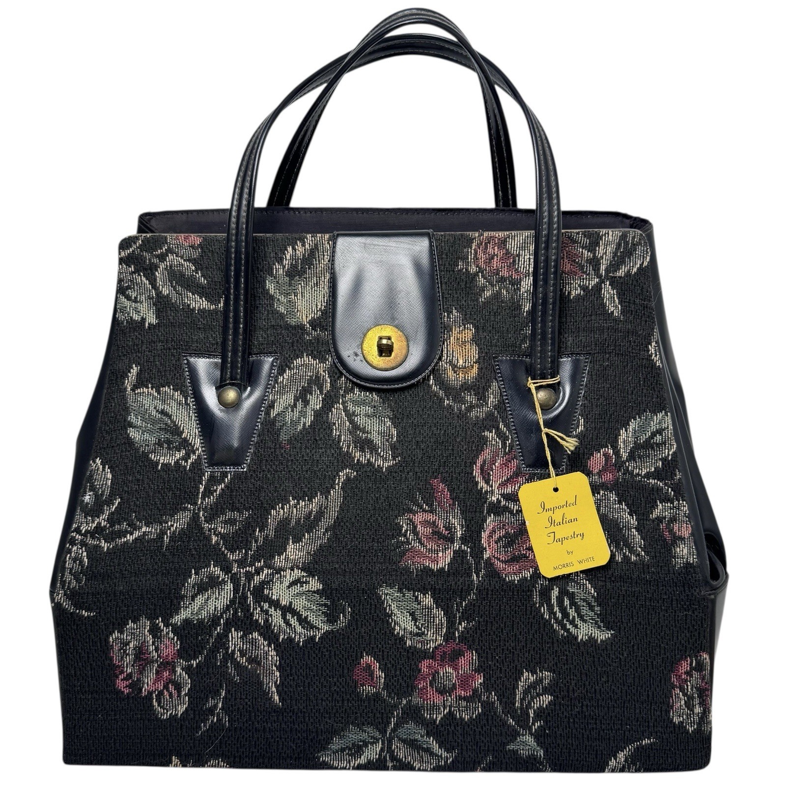 Vtg Morris White Imported Italian Tapestry & Vinyl Handbag Carpetbag Tote Black