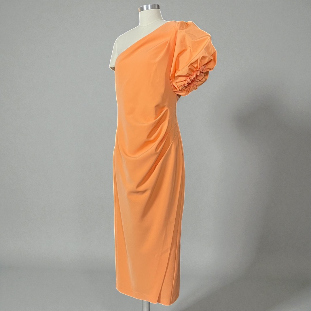 Ralph Lauren Annona One Shoulder Orange Puff Sleeve Midi Cocktail Dress 10