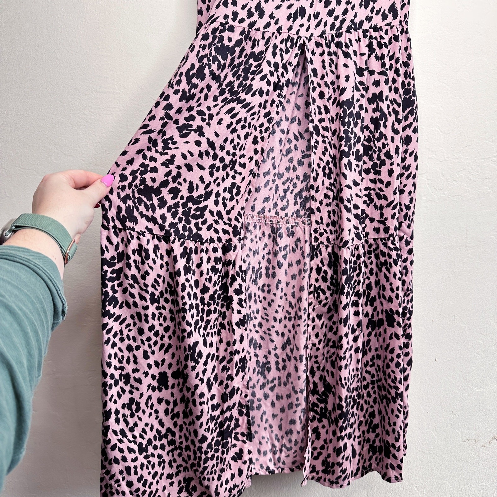 Stillwater Memz Pebbles Pink Cheetah Leopard Print Tiered Leg Slit Maxi Dress XS