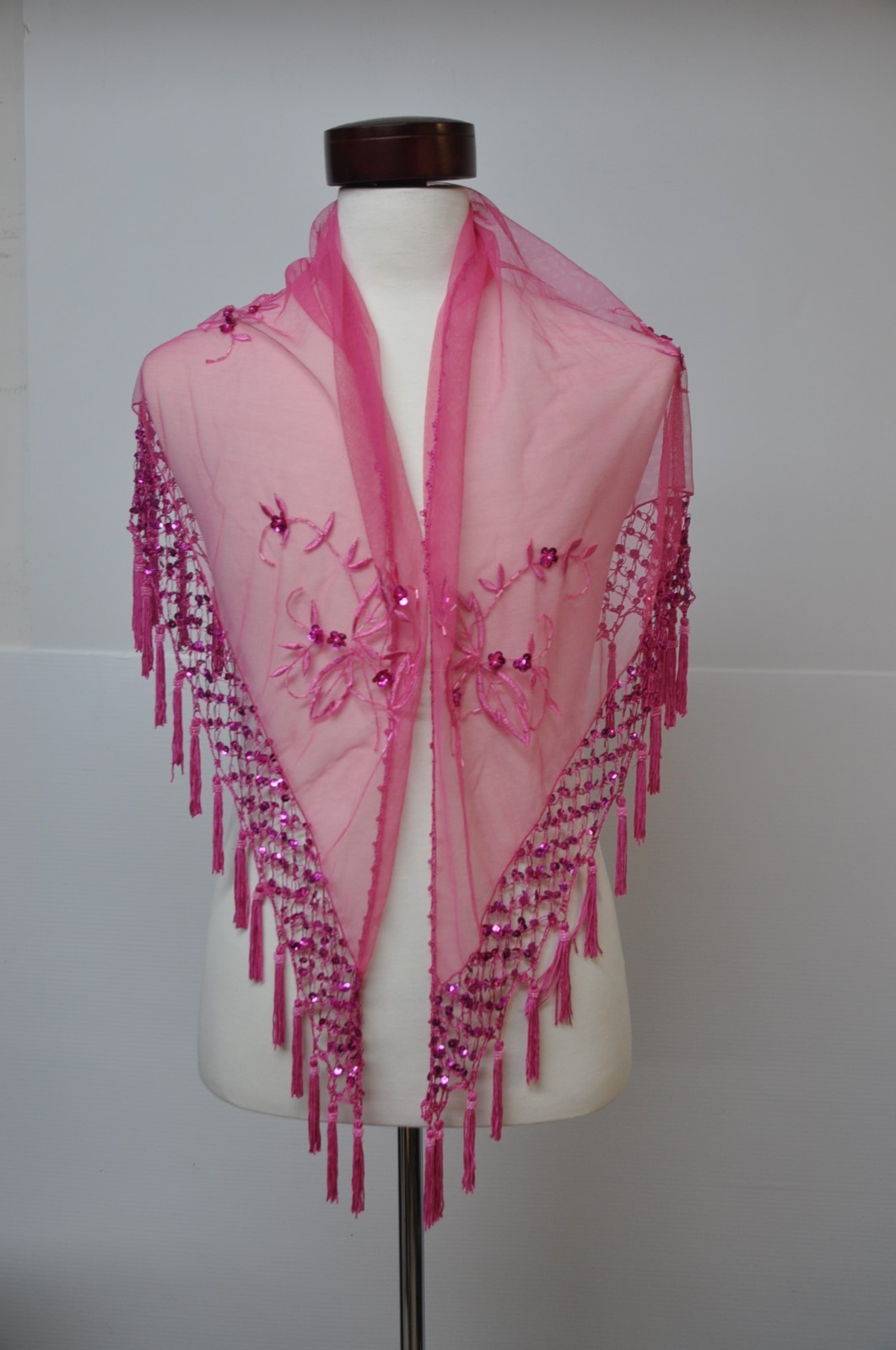 Lady’s green color triangle beaded embroidery shawl with tassel