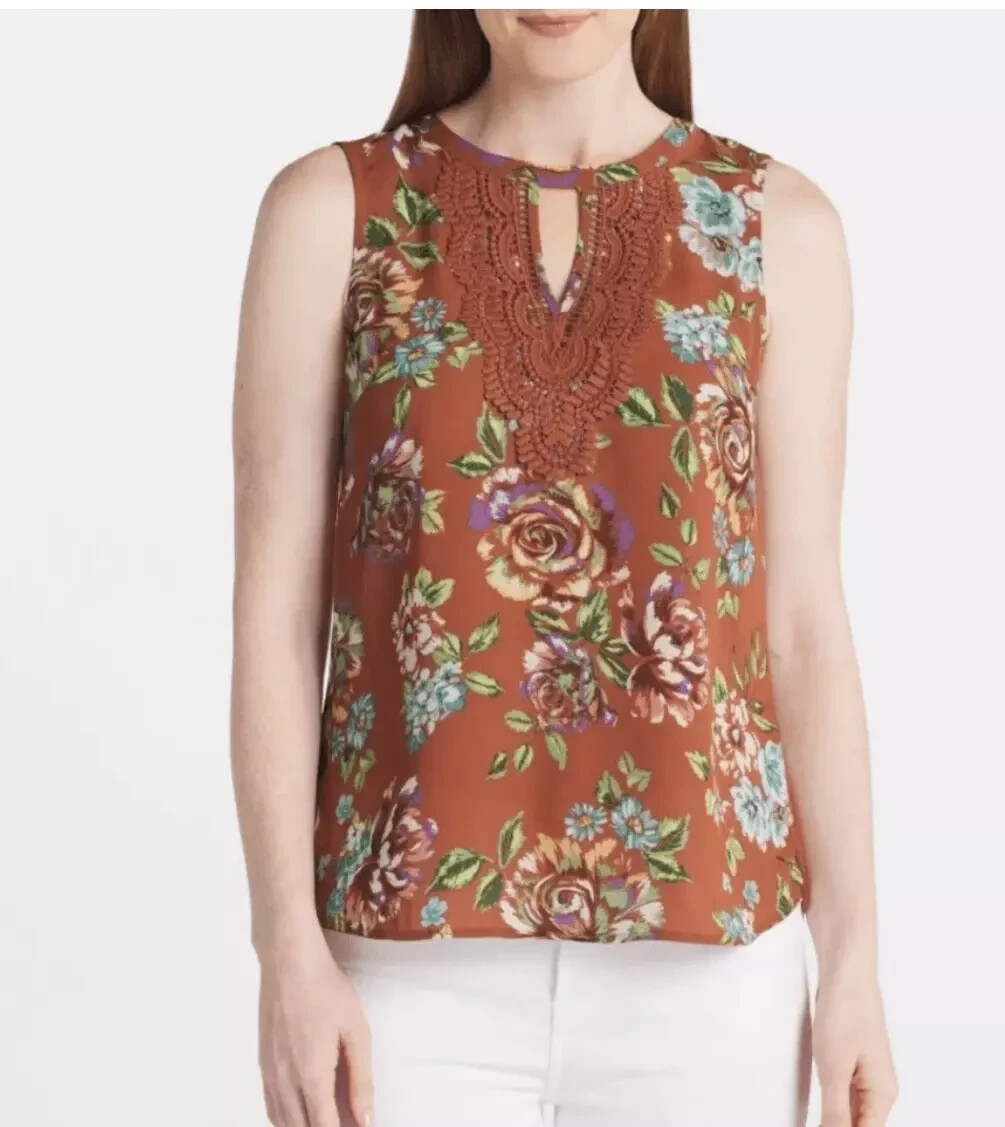 DANIEL RAINN CROCHET TRIM SLEEVELESS BLOUSE Women’s Size Medium RUST FLORAL