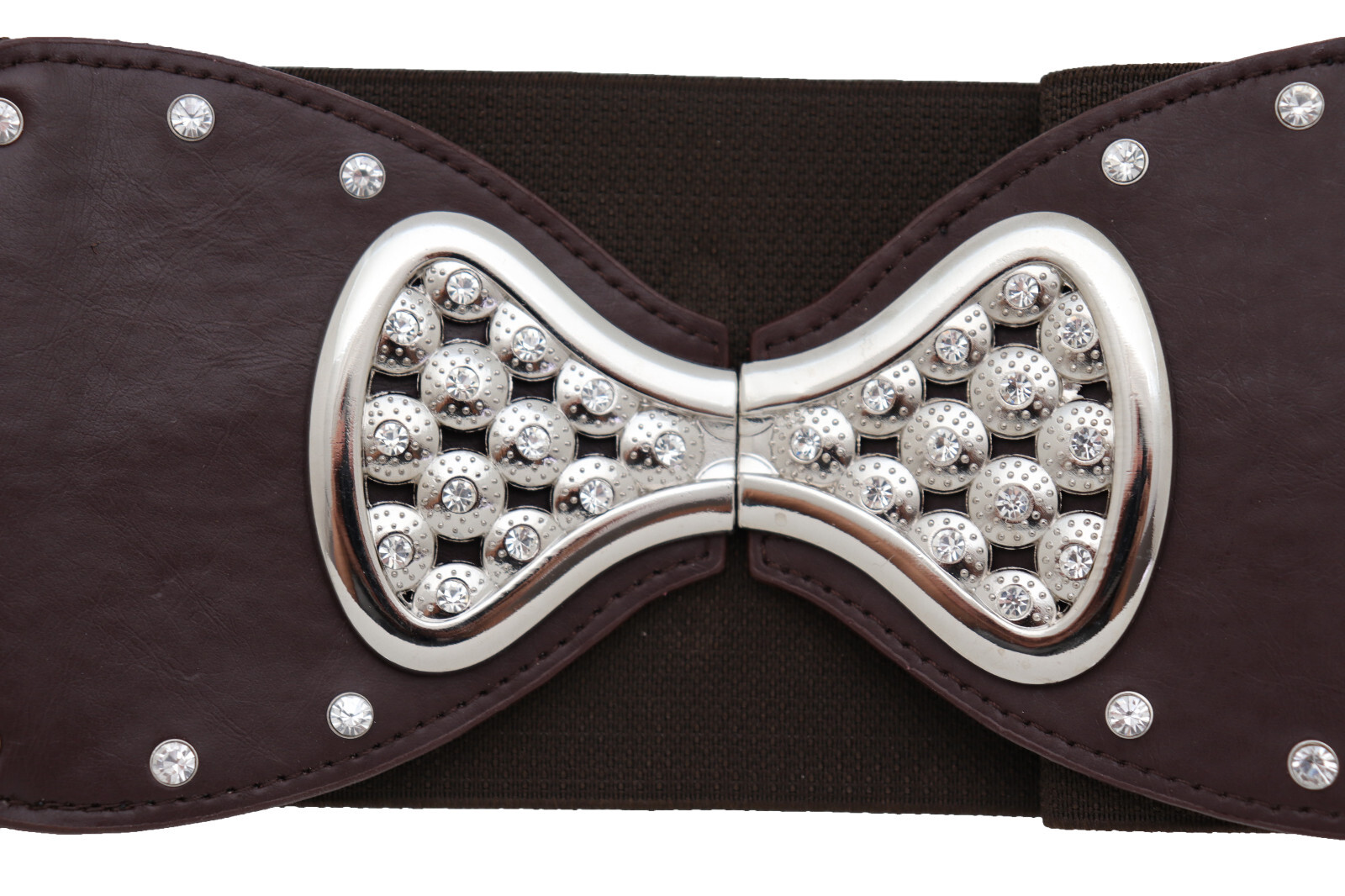 Women Dark Brown Tone Wide Elastic Belt Bling Silver Ribbon Bow Tie Buckle S M