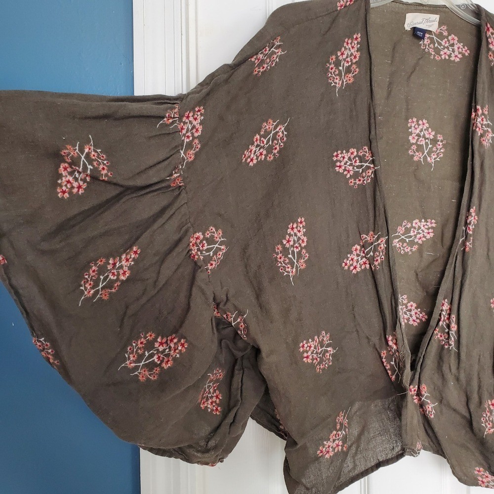 Linen Blend Cropped Kimono Cardigan Olive Green Floral Print Cottage Boho OSFM