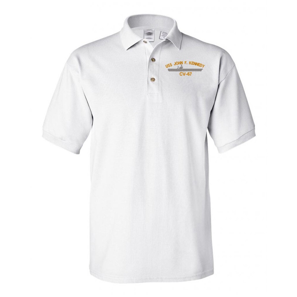 USS CV-67 embroidered white polo shirt (cotton/poly)