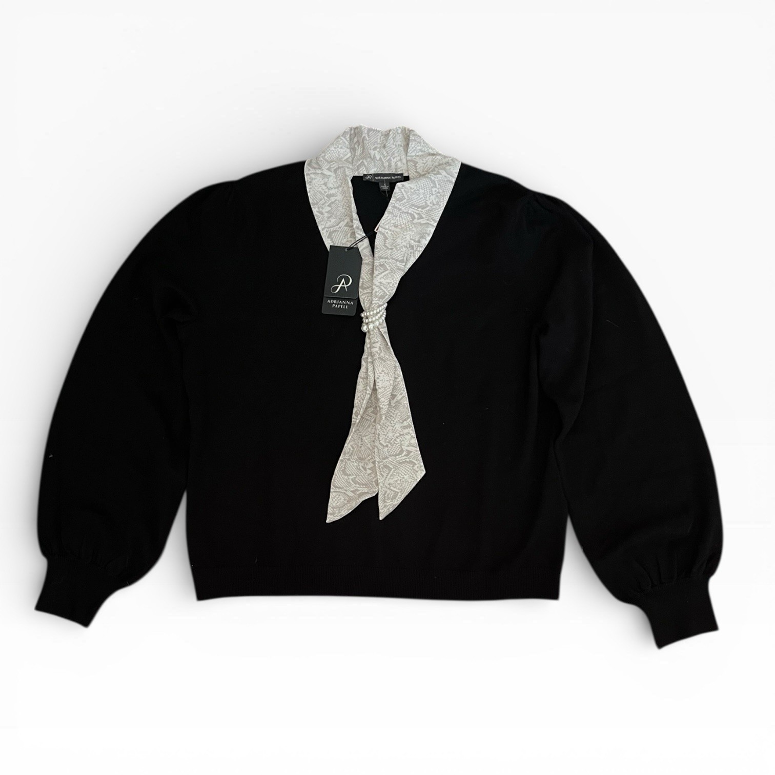Adrianna Papell Satin Woven Tie Sweater Black Size L Pearl Accents Classic