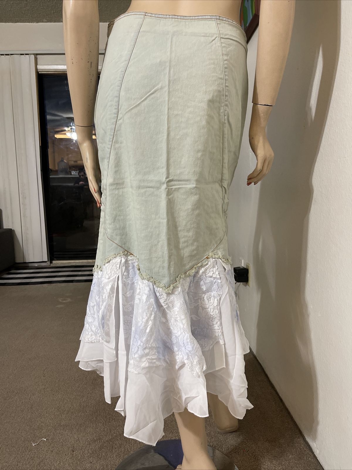 Light Blue White Denim Hippie Boho Beaded Embroidery Lace Size L(8-10) Skirt 710