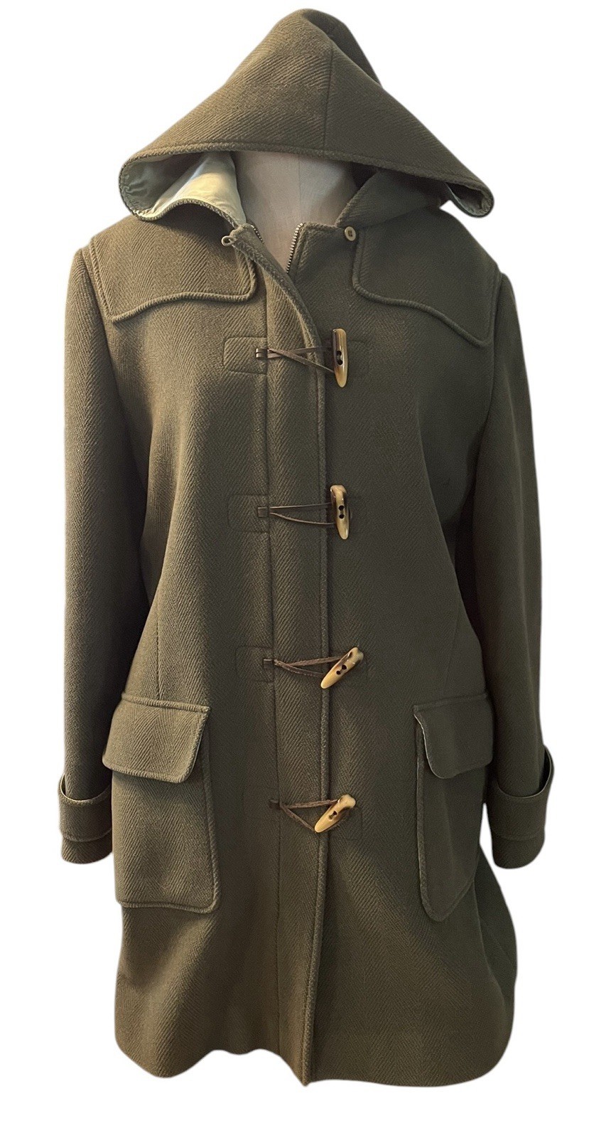 L.L. Bean XL Wool Duffle Coat Hooded Toggle Green Herringbone Women’s EUC