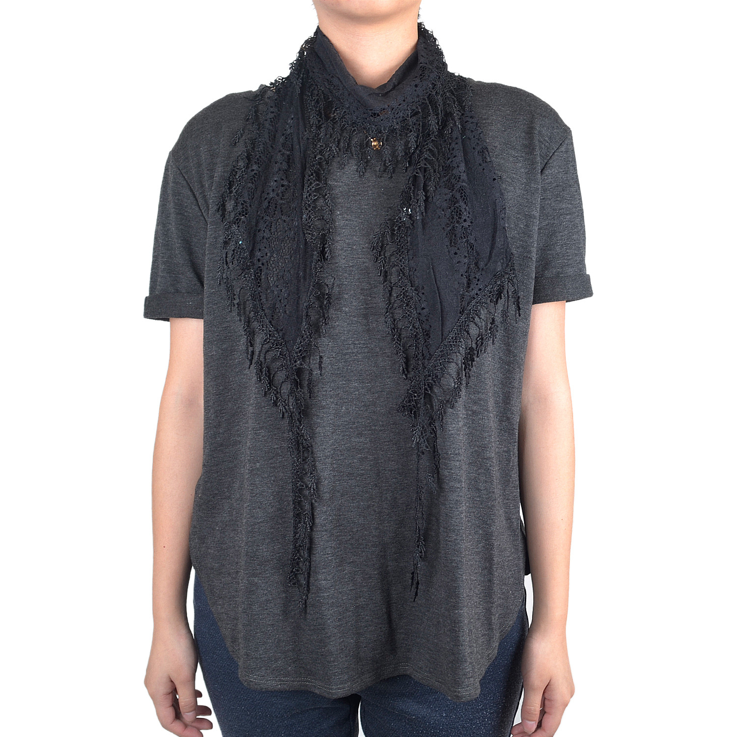 Lace Scarf Long Tree Leaves Fringe Tassel Sheer Tear Drop Embroidery Solid Color