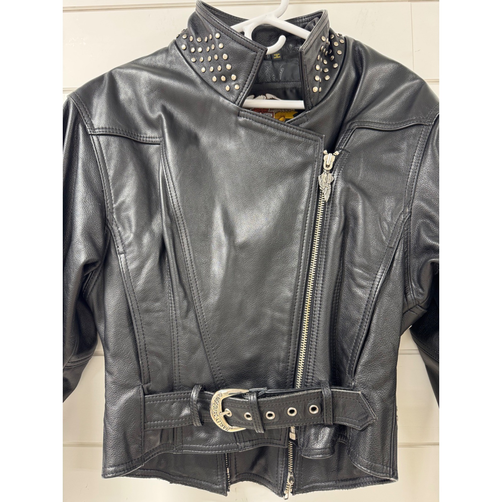 Harley-Davidson Womens Black Leather Studded Belted Moto Biker Jacket Cropped