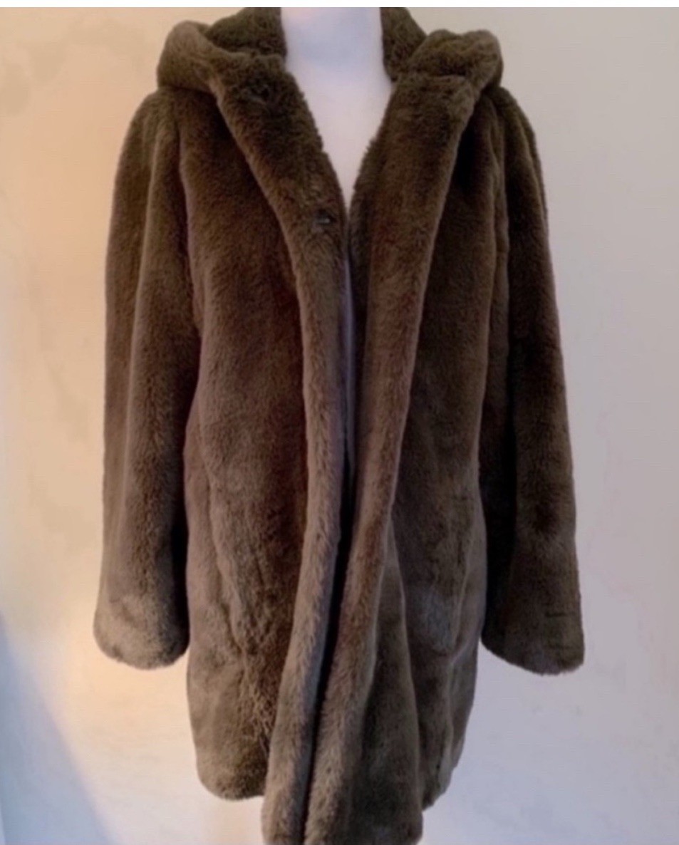 DKNY Olive Green Faux Fur Hooded Shawl Collar Coat