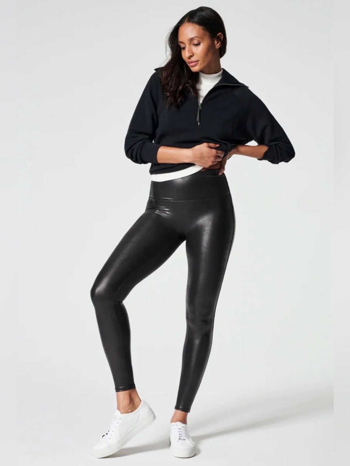 Spanx Faux Leather Leggings Black Sz Large Women’s Edgy Moto Party Athleisure