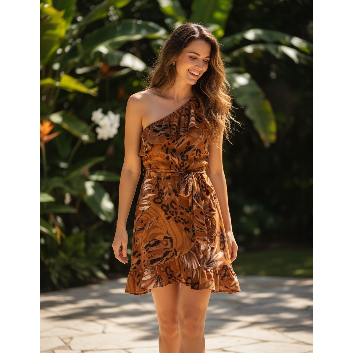 One Shoulder Tropical Leopard Print Ruffle Mini Dress Rust Brown Orange