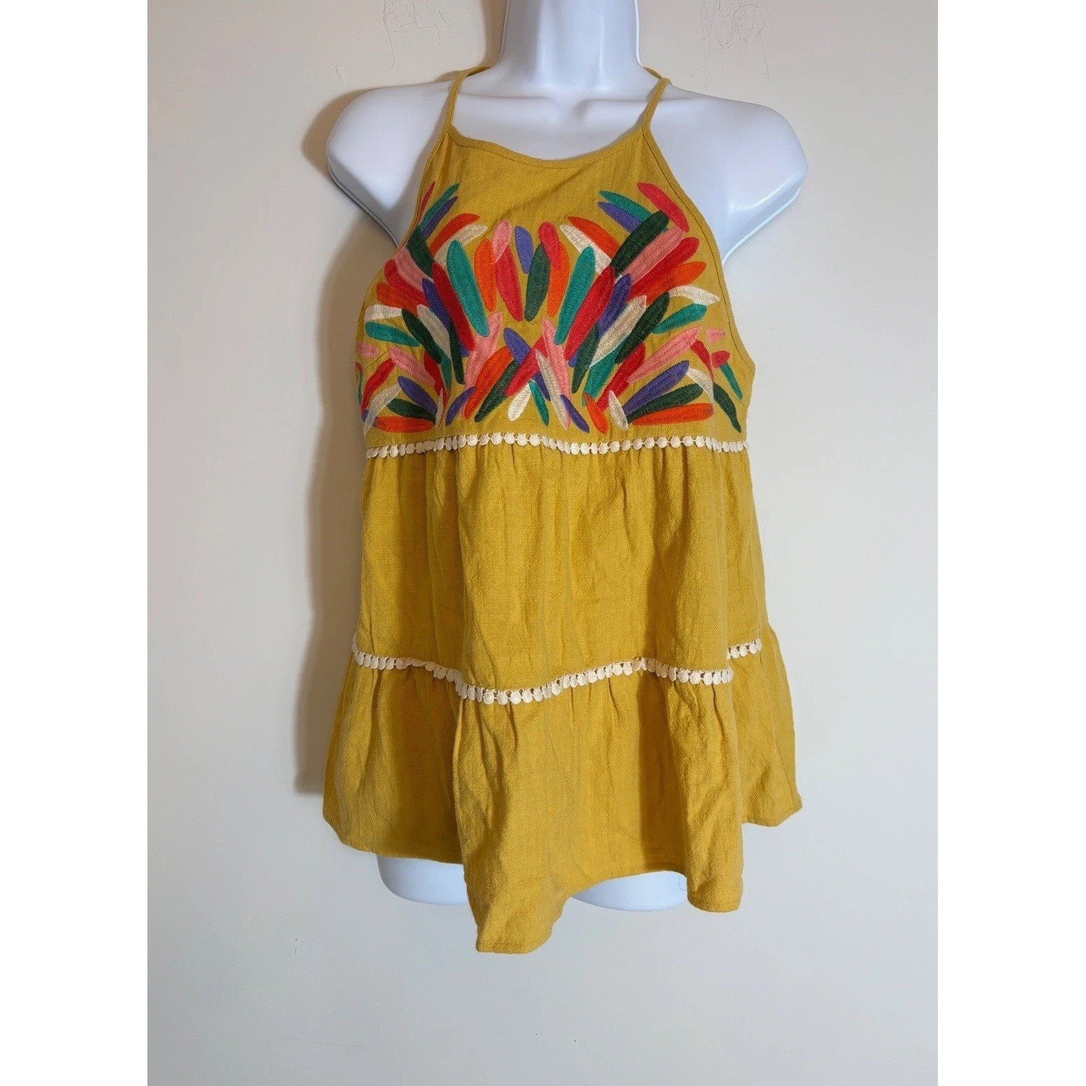 THML Women Mustard Yellow Embroidered Halter Top Tiered Babydoll Boho M