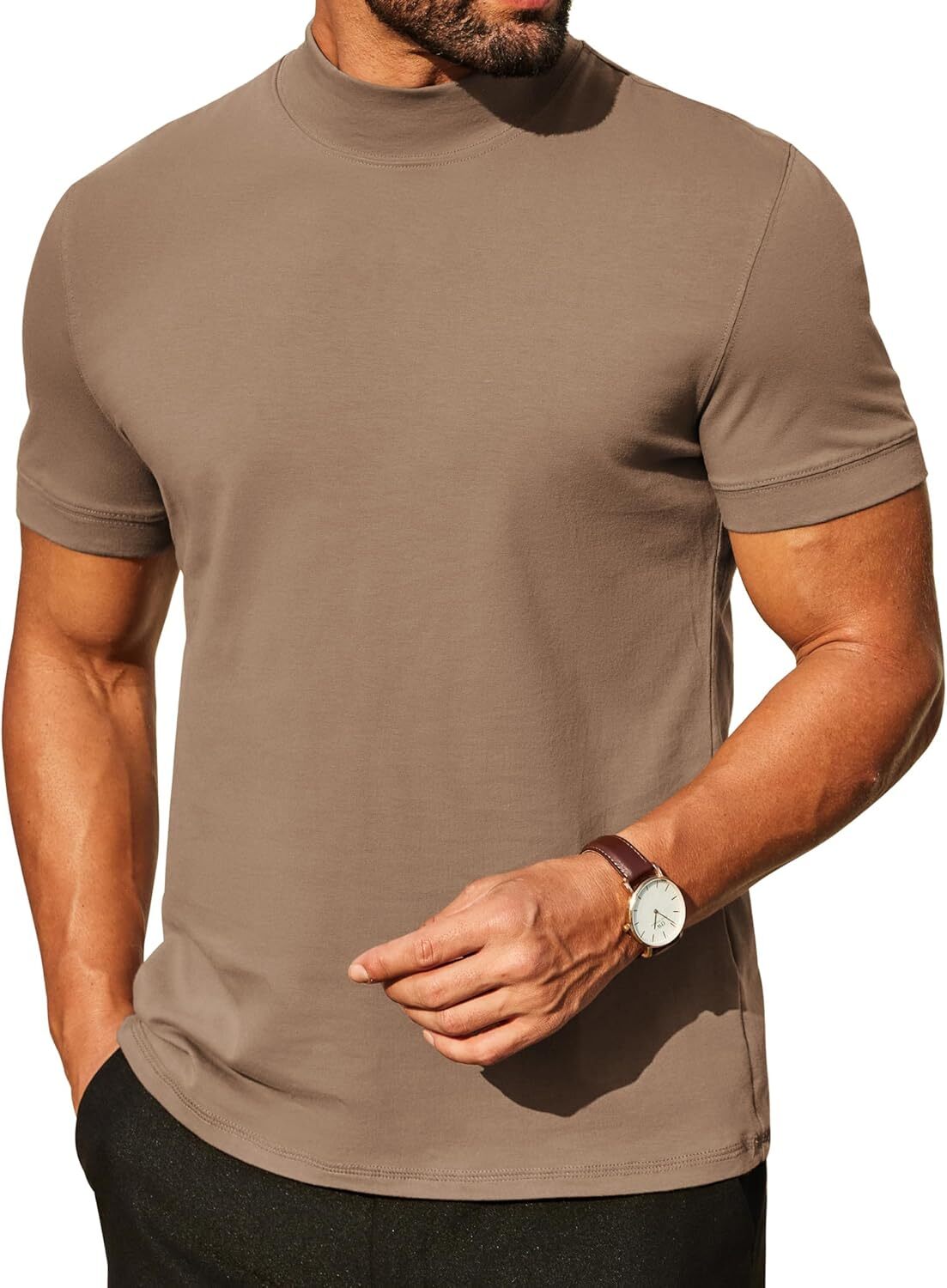 Mens Premium Cotton Short Sleeve Mock Turtleneck Half Neck Basic Tee Casual Fit