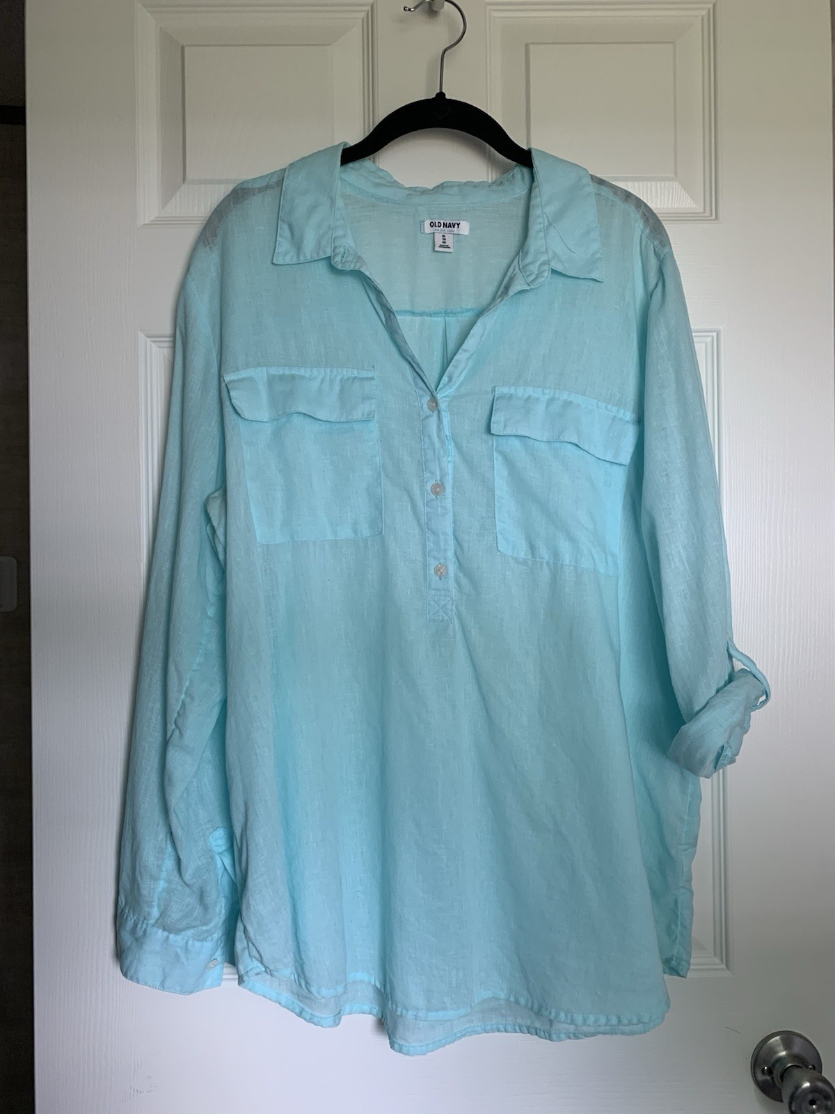 Old Navy Tunic Top XL Aqua Blue Linen Blend Long Sleeve 1/2 Button Popover Boho