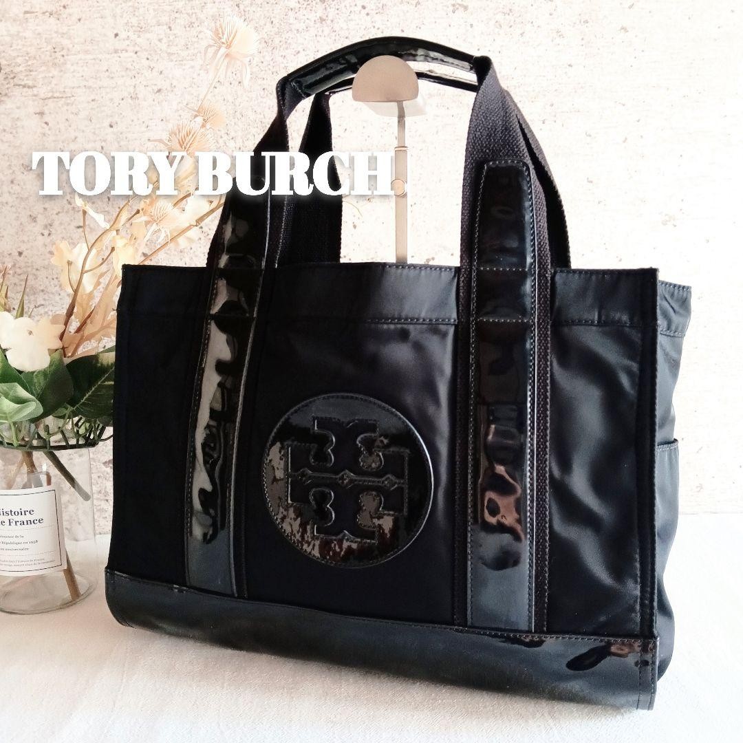 Tory Burch Enamel Nylon Tote Bag Handbag Black Ella