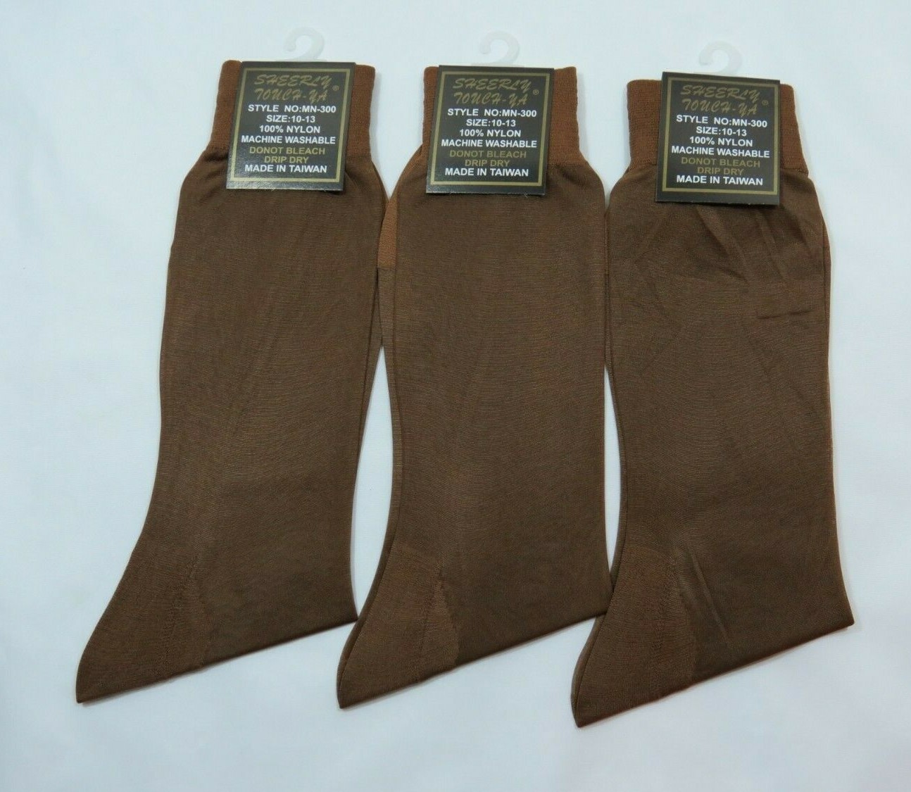 Mens SHEER Dress Socks 3PK 100% Nylon mid Calf Brown Size 10-13 thin