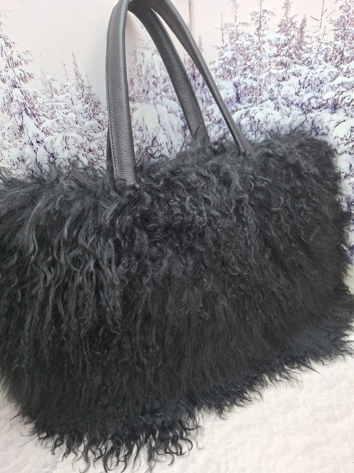 Real fur tote bag Long fur shopper Black huge large bag gift for women