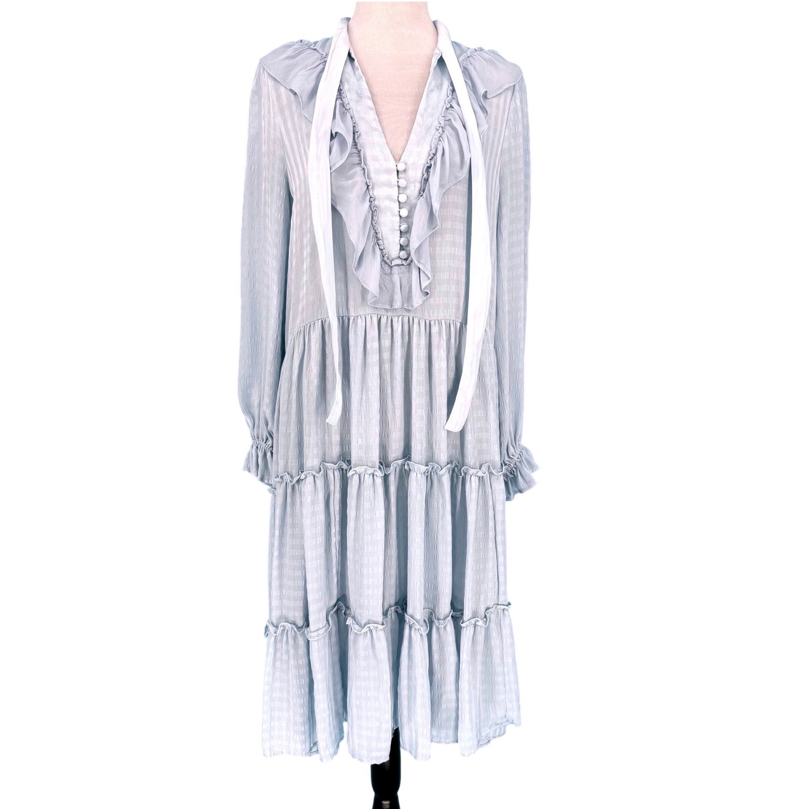 Anthropologie Light Blue Tiered Ruffle Midi Dress Long Sleeve Size M Cottagecore