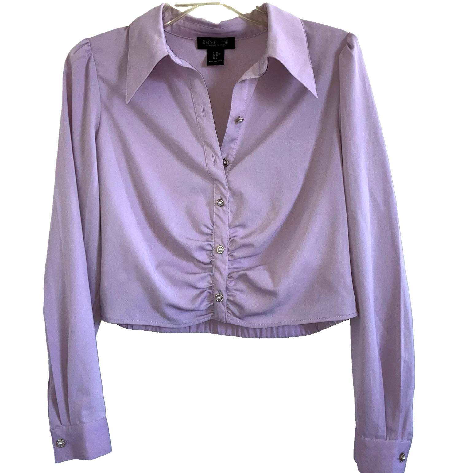 RACHEL ZOE size M Lavender Lilac Cropped Long Sleeve Pearl Rhinestone Button Top