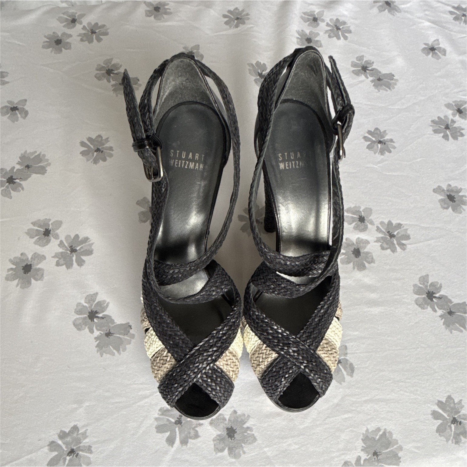 Stuart Weitzman Women’s 7.5 Black Beige Woven Leather Open Toe Platform
