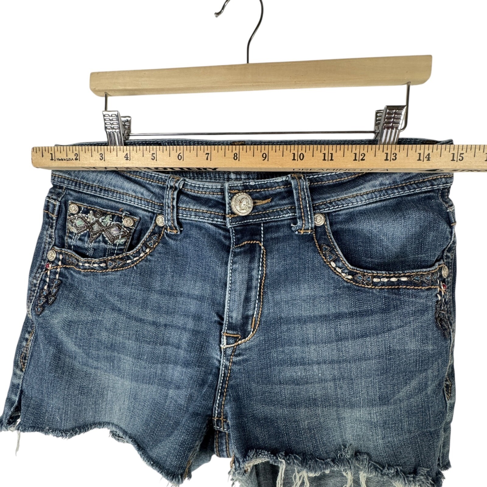 Grace in LA Denim Shorts Embellished Frayed Hem Blue Size 29 Heavy Stitch Y2K