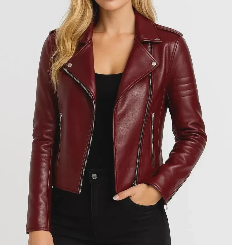 Women’s Handmade Genuine Sheepskin Leather Biker Moto Cafe Racer Style Jacket