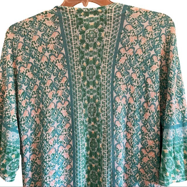 Chicos Soft Tile Stripe Duster Cardigan Sweater 2 L Turquoise Boho Open Front