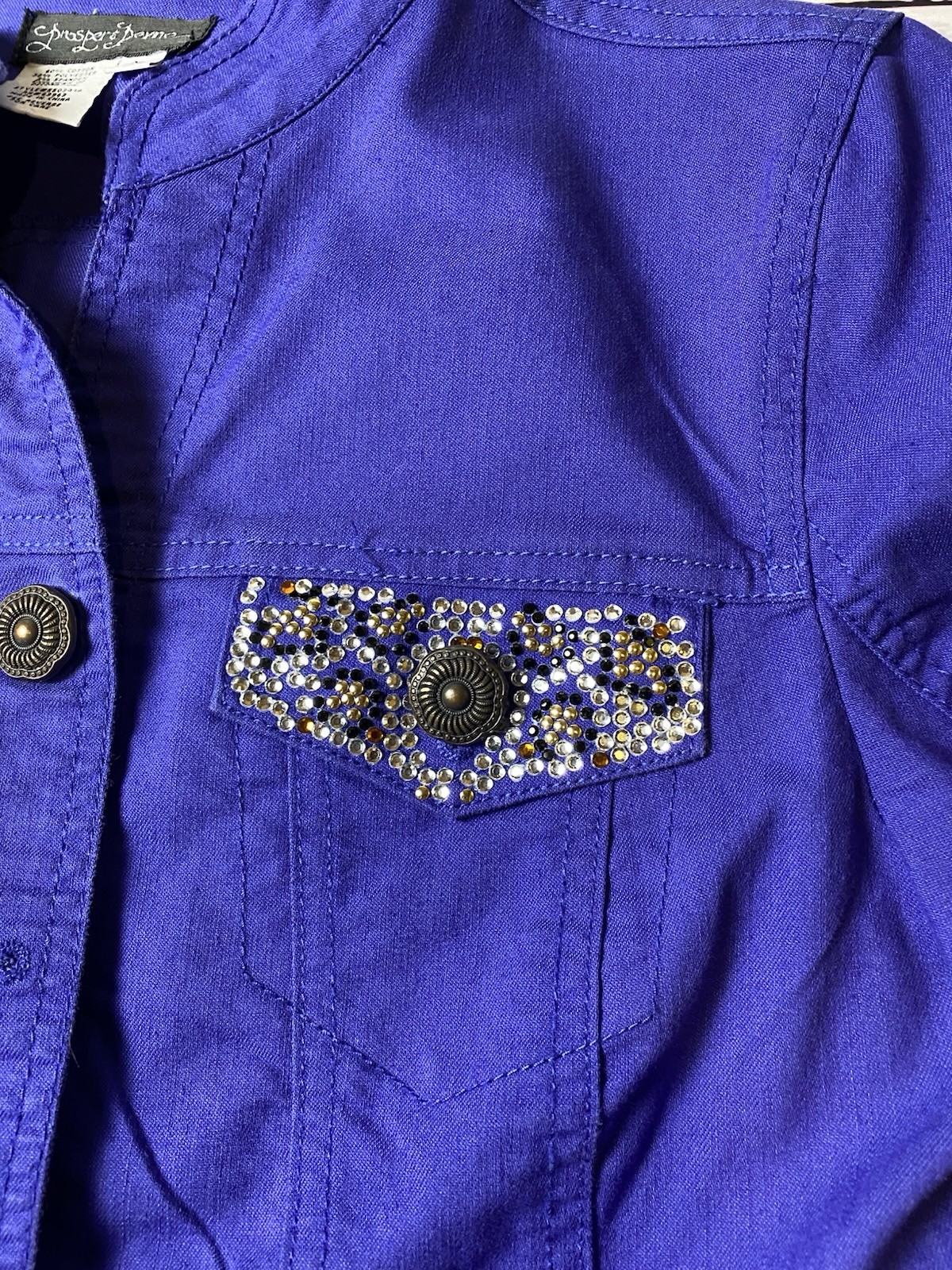Jasper & Jerne Button Front Jacket Women M Purple Rhinestone Pockets Short