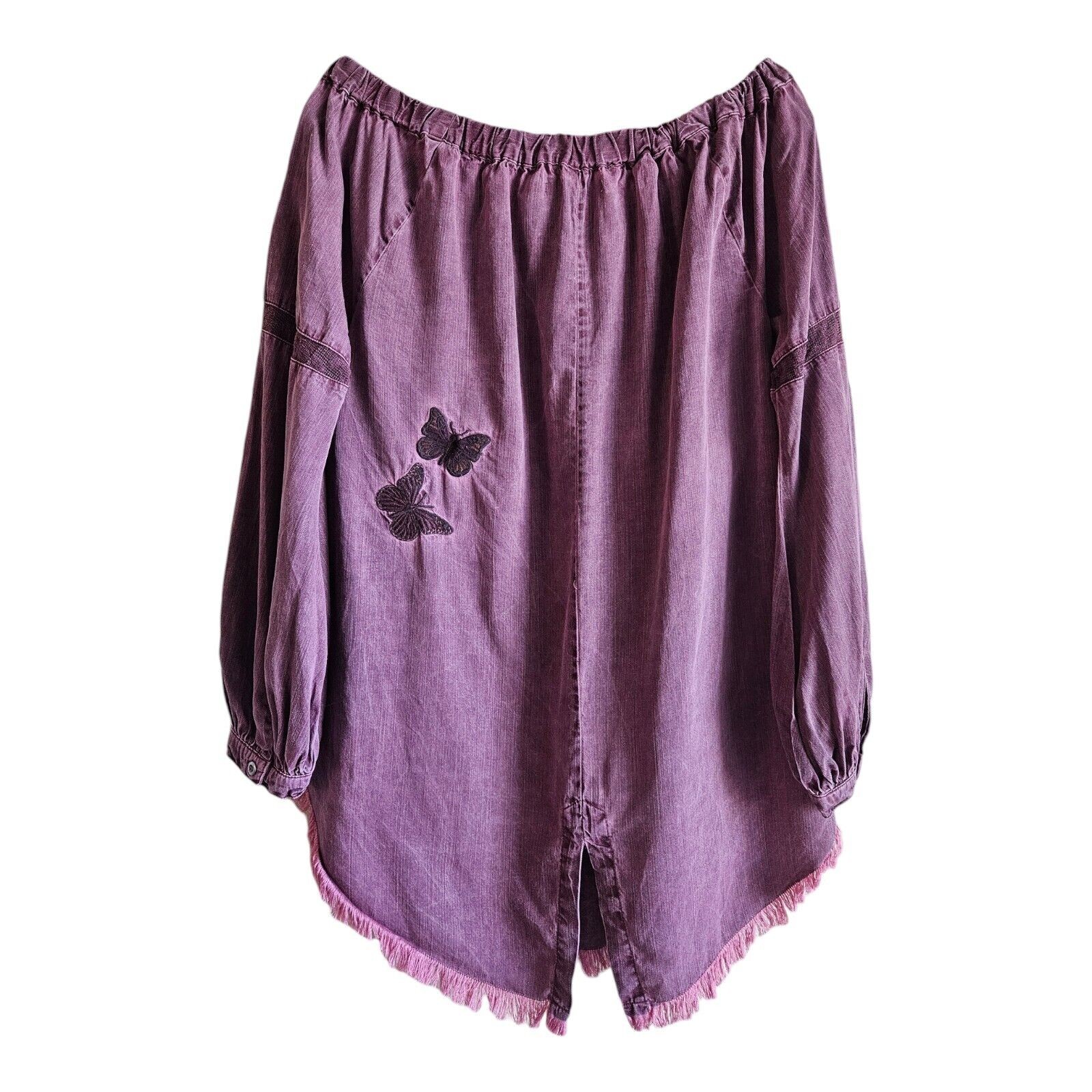 STANDARD GRACE M Boho Blouse On Off Shoulder Embroidered Frayed Hem Tencel 38″