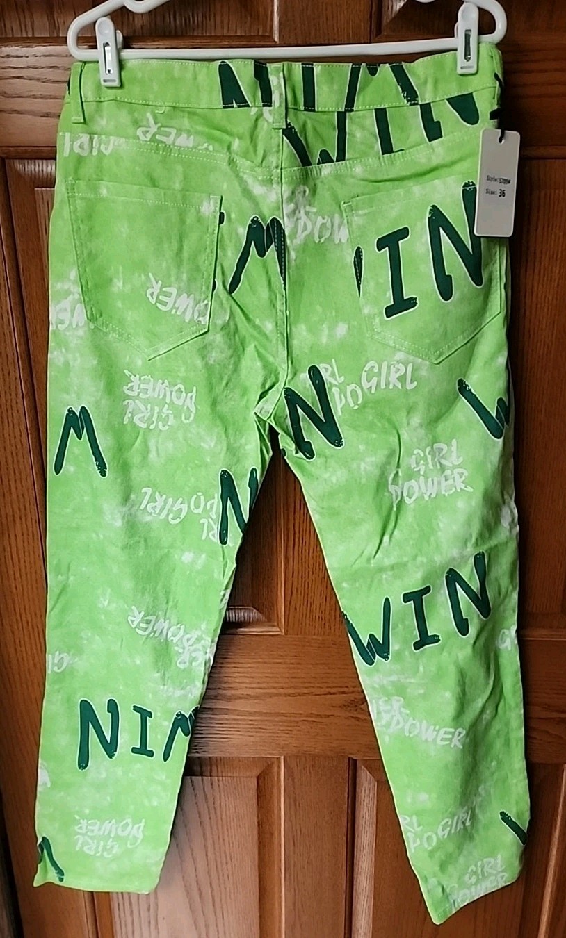 Mens Sz 36 Green Pants Letter Printed Win Girl Power Straight Leg Casual