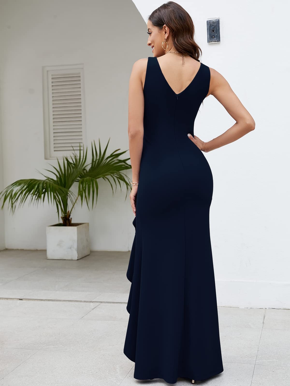 FQA Formal Evening Dress Large Navy Blue V Neck Sleeveless Floor Length Gown