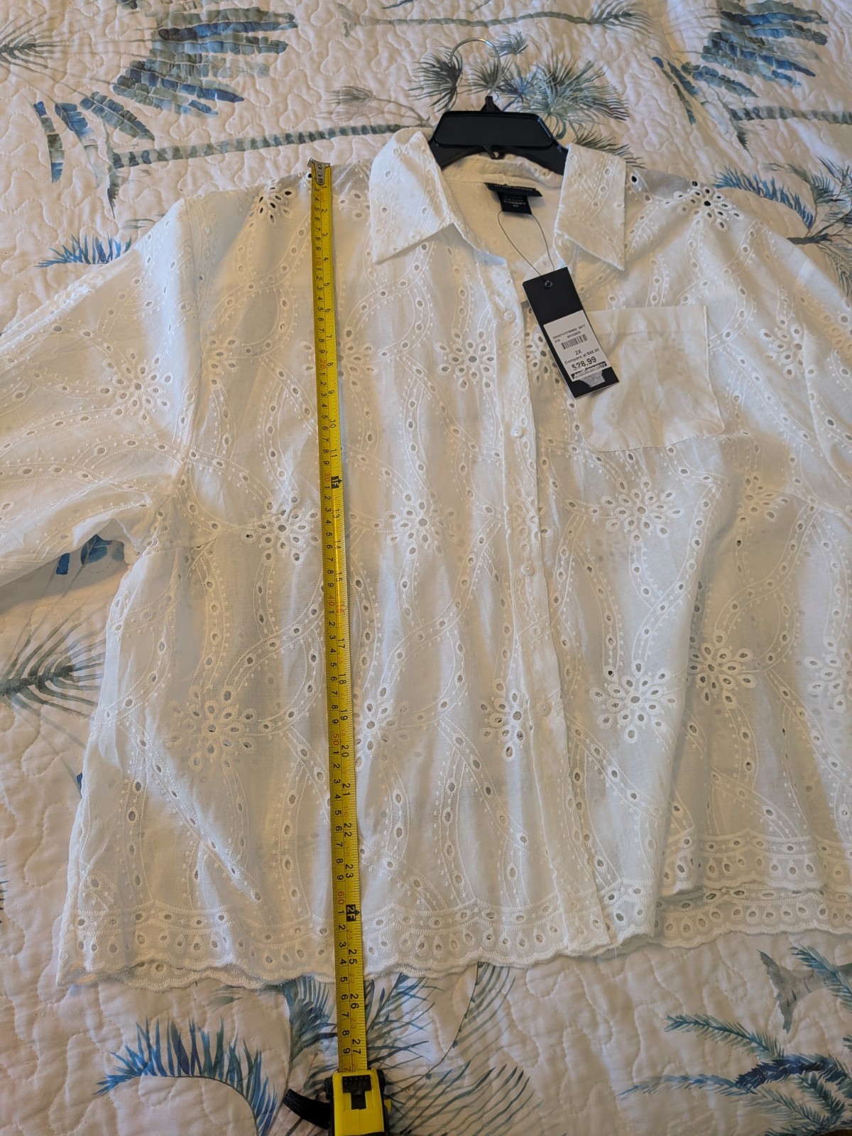Liv Los Angeles 2X Collared Buttons Embroidered See Through Lace White Shirt NEW