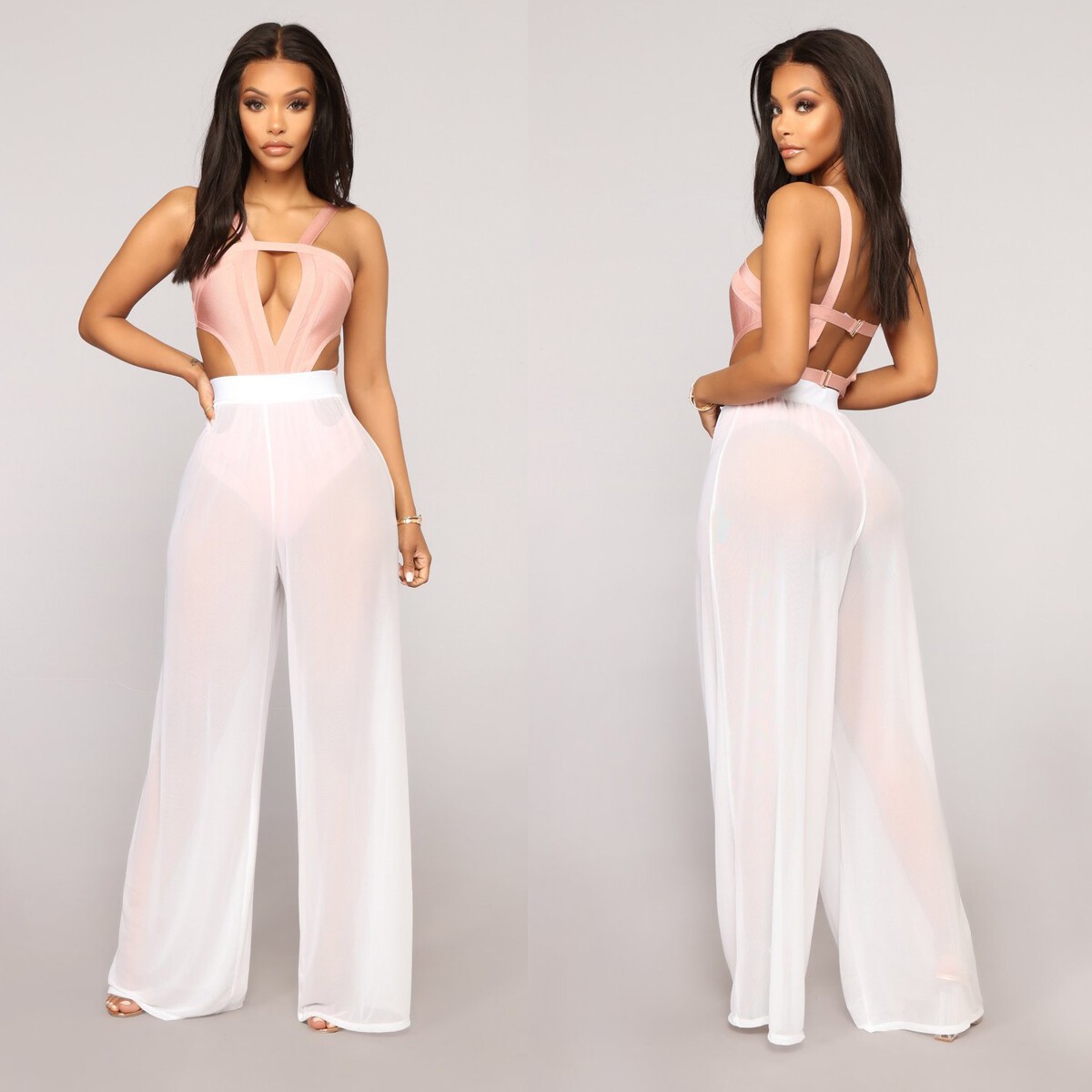 Female Beach Mesh Sheer Bikini Cover Up Swimwear Wide Leg Long Pants Trousers