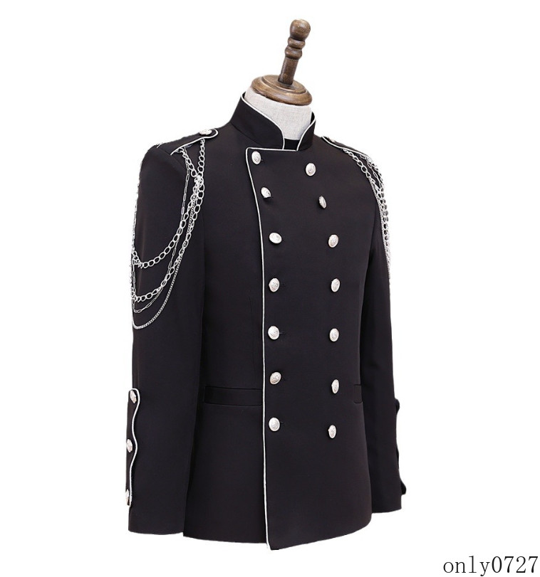 Mens Casual Suit Coat Double-breasted SStand Collar Belt Banquet Dance Costume