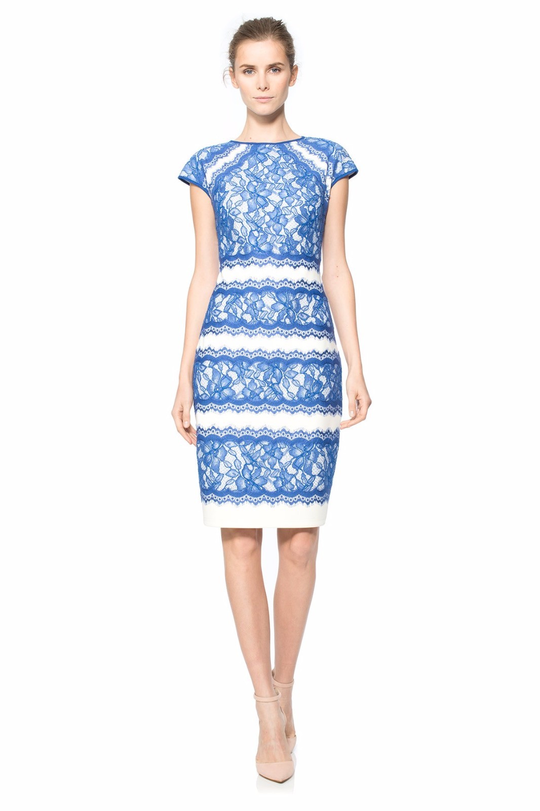 Tadashi Shoji Neoprene Lace Overlay China Blue Snow Cap Sleeve Dress $359