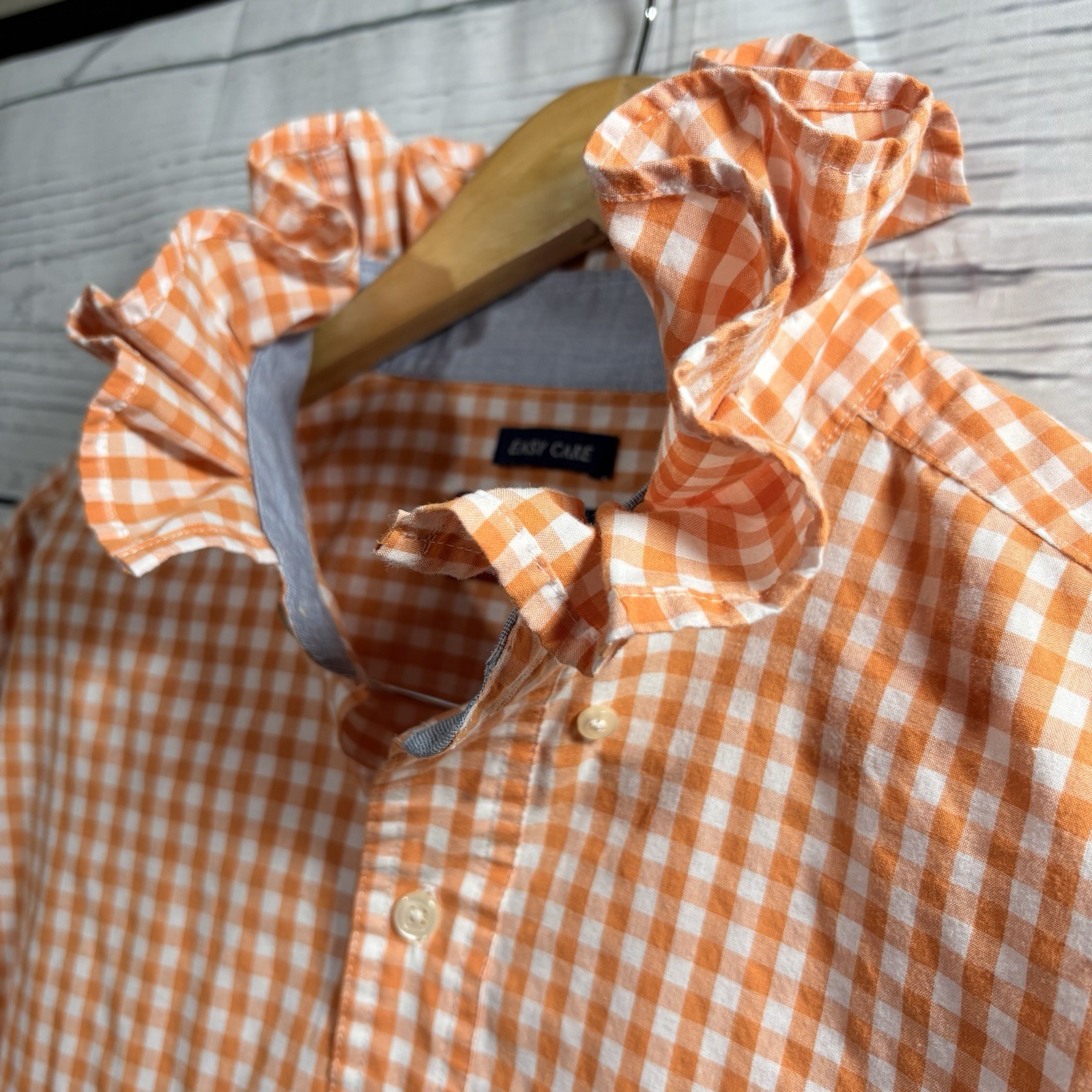 Upcycled Orange Gingham Check Ruffle Collar Oxford Shirt Womens Preppy VIRAL