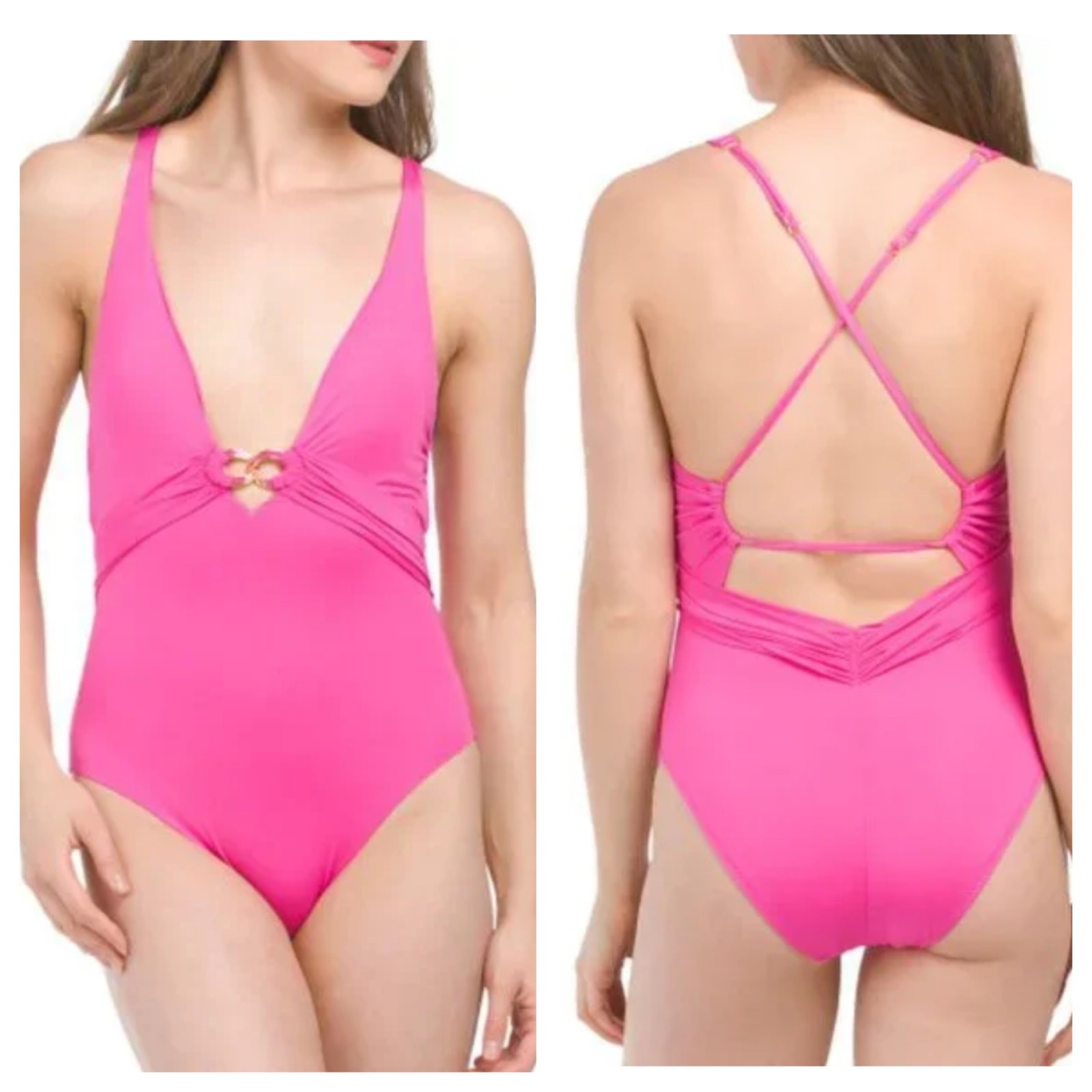 NEW Trina Turk Monaco Deep Plunge V-Neck Swimsuit One-Piece Pink Womens Size 8