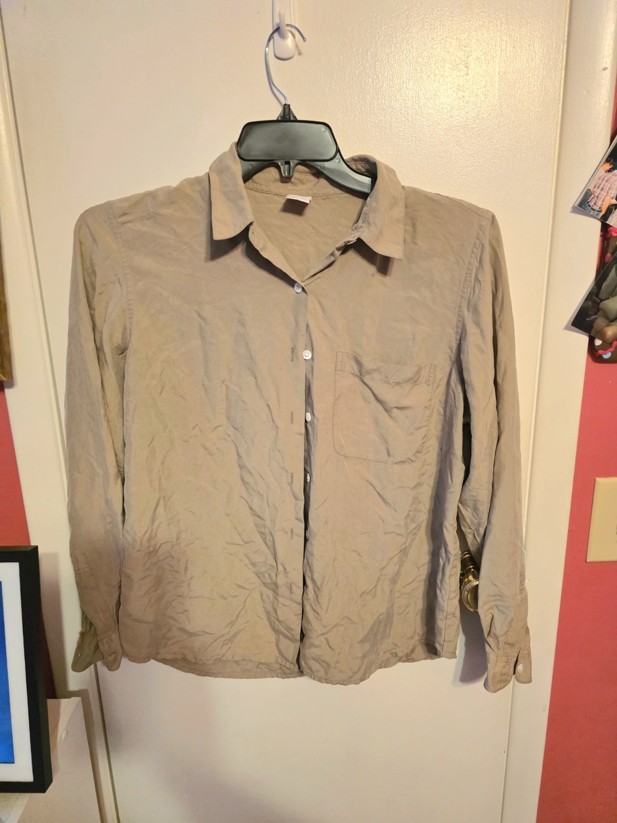 Lands End 100% Silk Tan Long Sleeve Button Up Blouse Women’s 10 Regular
