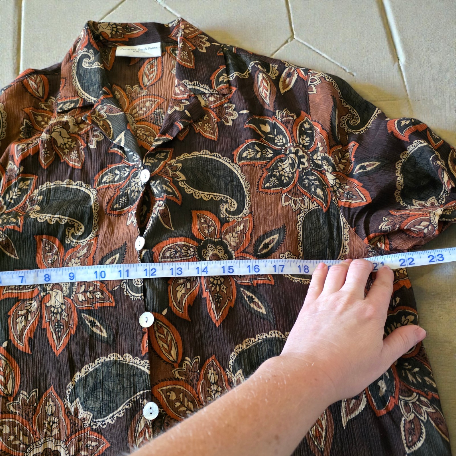 Amanda Smith 100% Pure Silk Blouse Petite Medium PM Paisley Floral Brown Vintage
