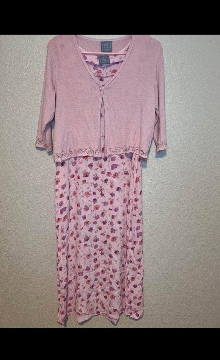 Rabbit Rabbit Designs Pink Floral Maxi Dress L V-Neck Knit Lace Layered Cardigan