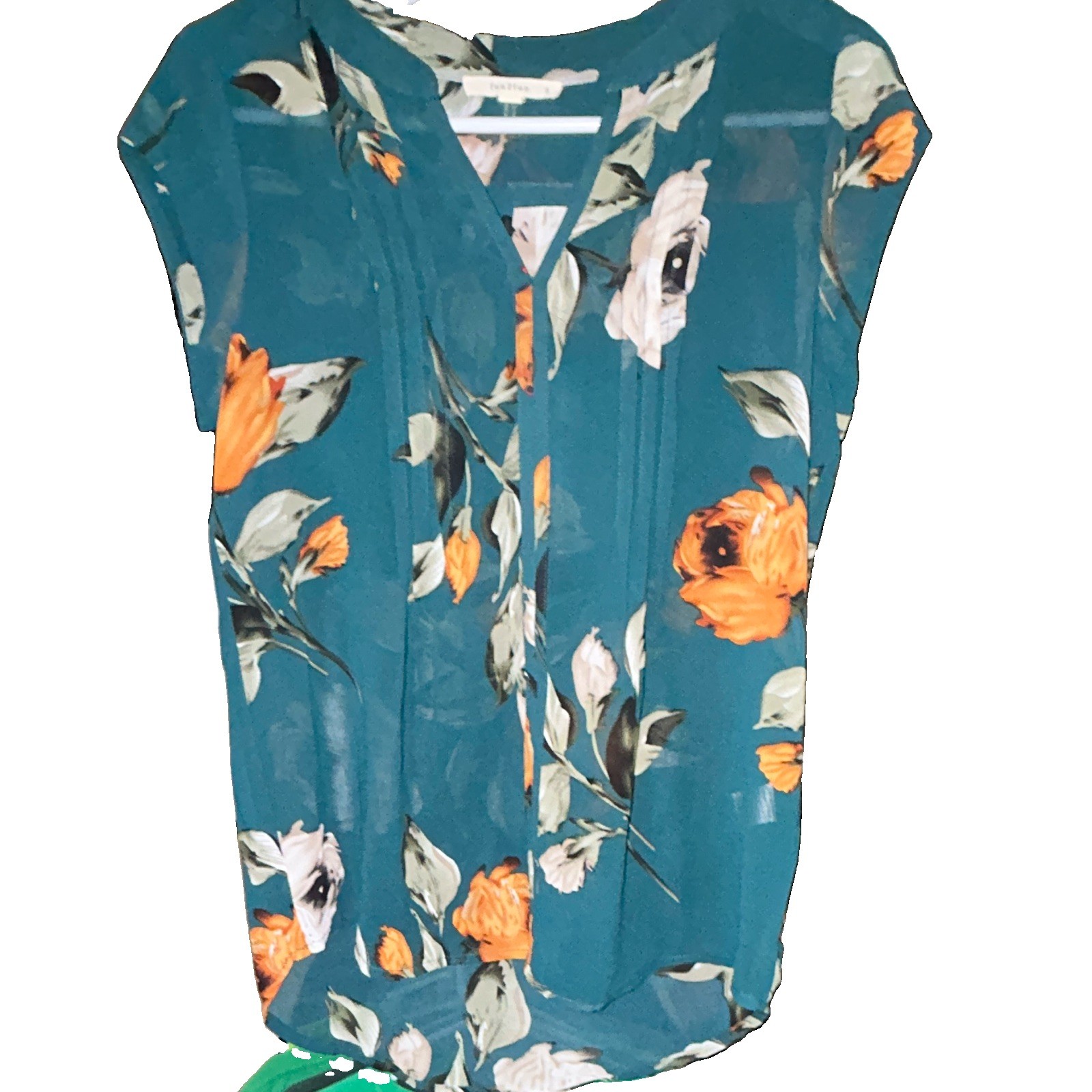 fun2fun Women’s Teal Floral V-Neck Sleeveless Pullover Blouse Top Size S