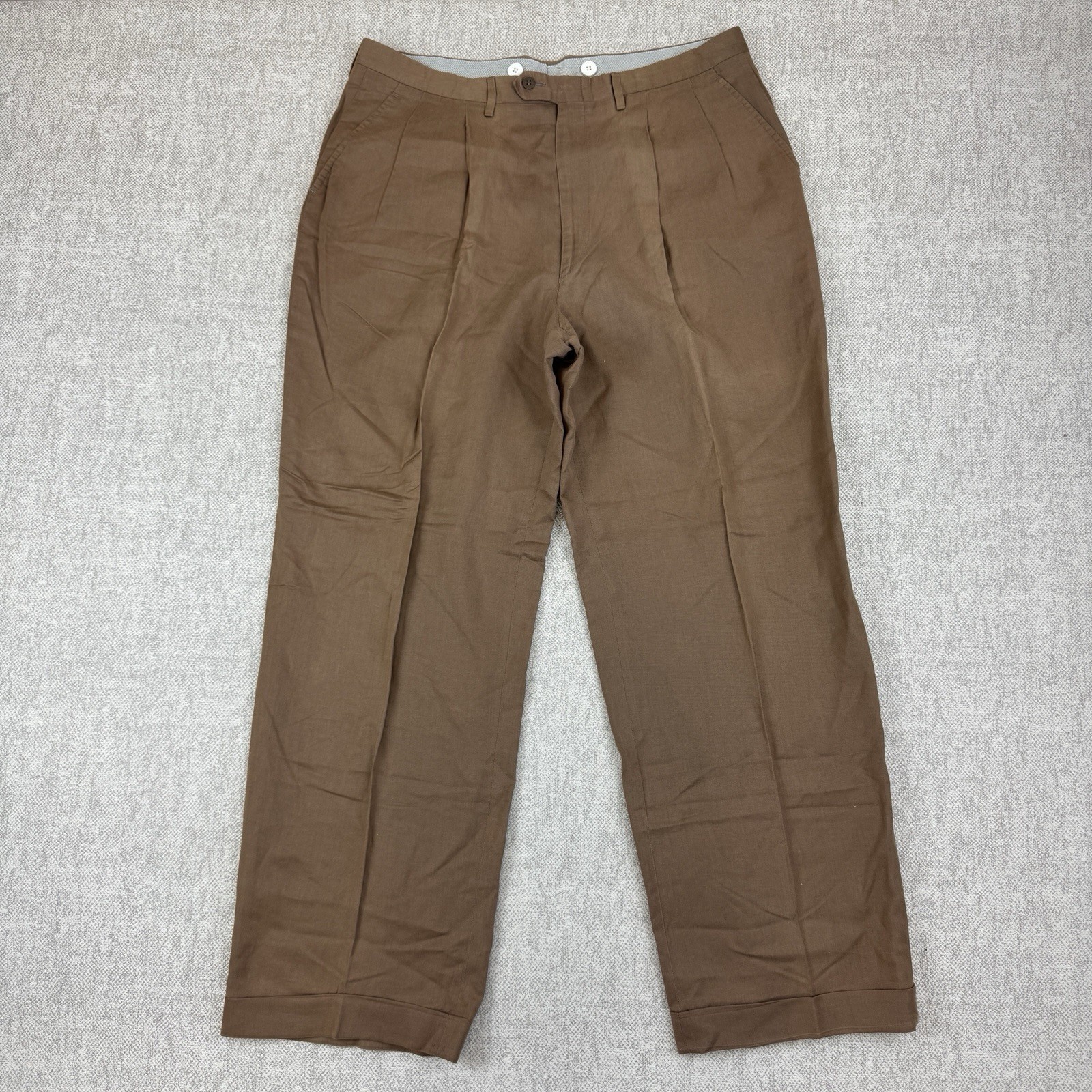 VTG Luciano Barbera Trousers Mens 56 EU Brown Pleated Cuffed Pants Made In Italy