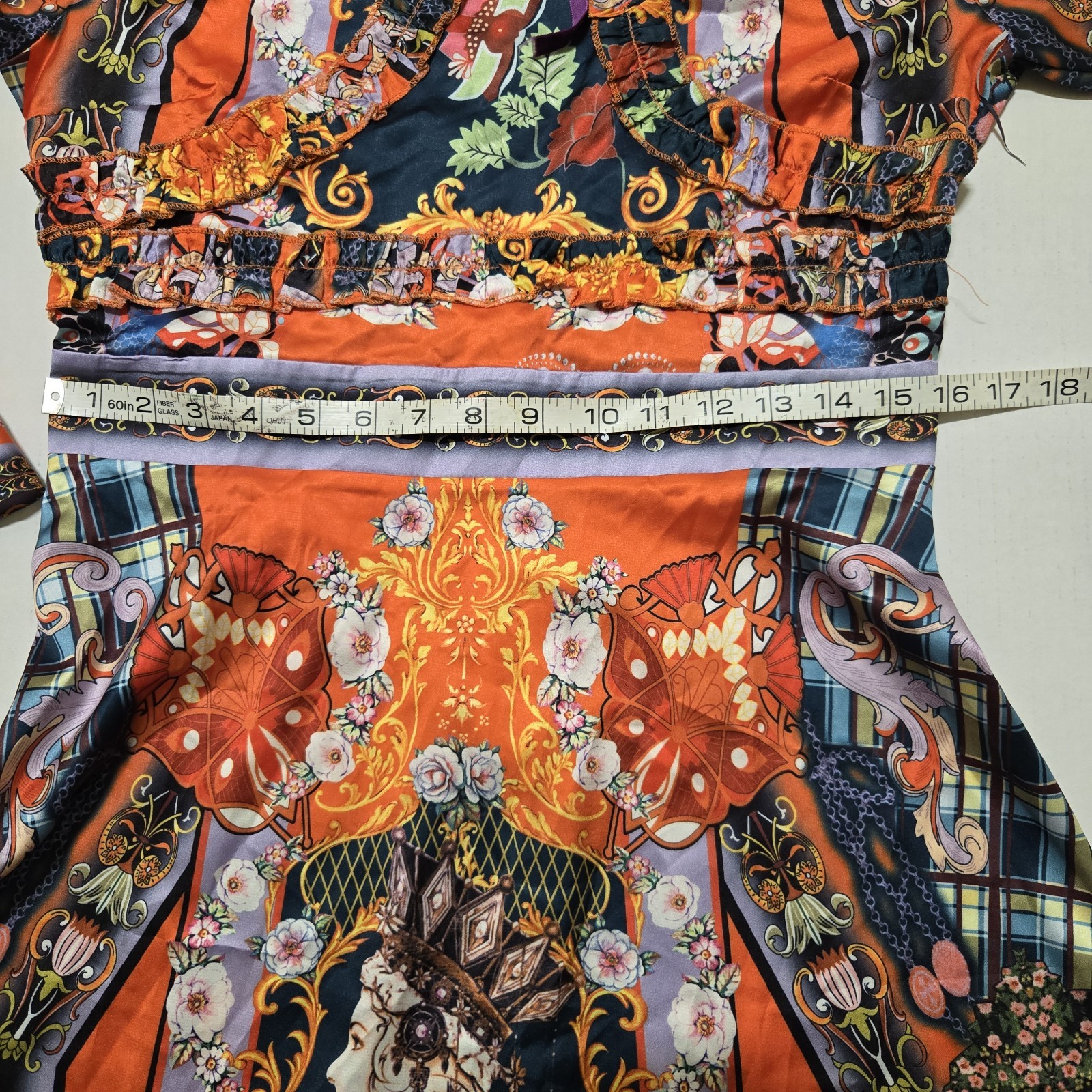 Dalia MacPhee Orange Multicolor Floral A-Line Dress High Neck 3/4 Bell M