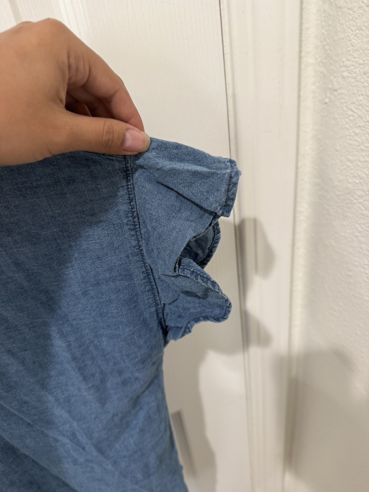 Madewell Blue Chambray Linen Cotton Ruffle Short Sleeve Collared Button-Up XS