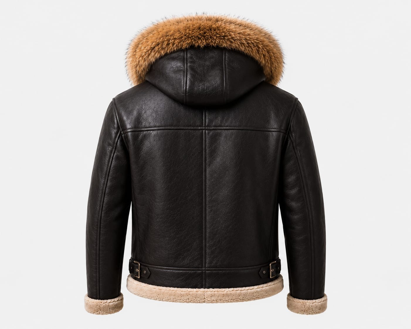Men’s Genuine Sheepskin Shearling Leather Jacket Hooded Fur Trim Winter Coat